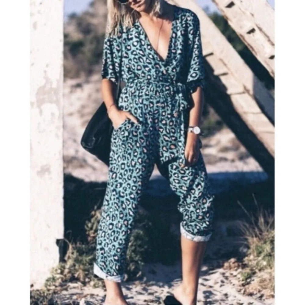 H&M Teal and Pink Leopard Low Cut Jumpsuit size 4